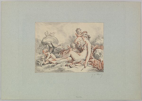 Woman Seated Holding an Arrow and Four Putti (Venus Holiding Cupid's Arrow with a Quiver by Her Side), George William Thornley (French, 1857–1935), Colored lithograph 