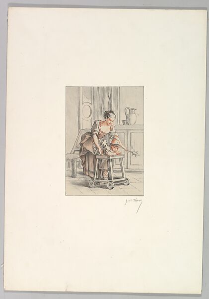 Woman Assisting a Child in a Go-Cart, George William Thornley (French, 1857–1935), Lithograph 
