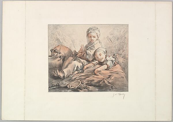 Two Seated Children, George William Thornley (French, 1857–1935), Colored lithograph 