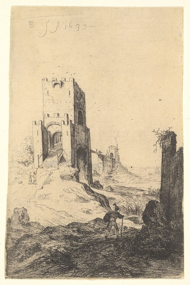 View of Ponte Mammolo, a bridge in the background, a tower with ramp in the middle ground, a man with a walking stick in the foreground, from the series 'The Ruins of Rome', Bartholomeus Breenbergh (Dutch, Deventer 1598–1657 Amsterdam), Etching 