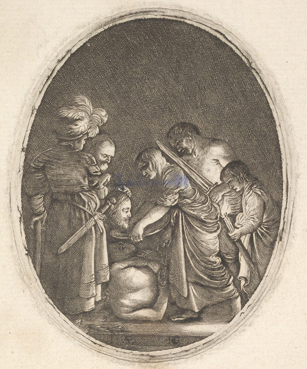 Salome receiving the head of John the Baptist, surrounded by three men and a child bearing a torch, the Baptist's body lies on the ground, an oval composition, Hendrick Goudt (Dutch, The Hague 1583–1648 Utrecht), Engraving 