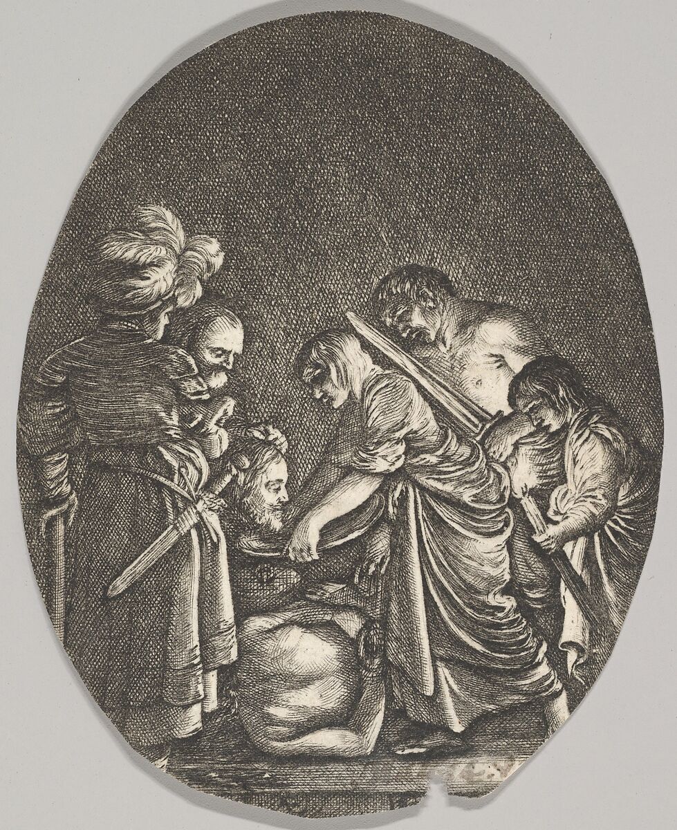 Salome receiving the head of John the Baptist, surrounded by three men and a child bearing a torch, the Baptist's body lies on the ground, an oval composition, Hendrick Goudt (Dutch, The Hague 1583–1648 Utrecht), Engraving 