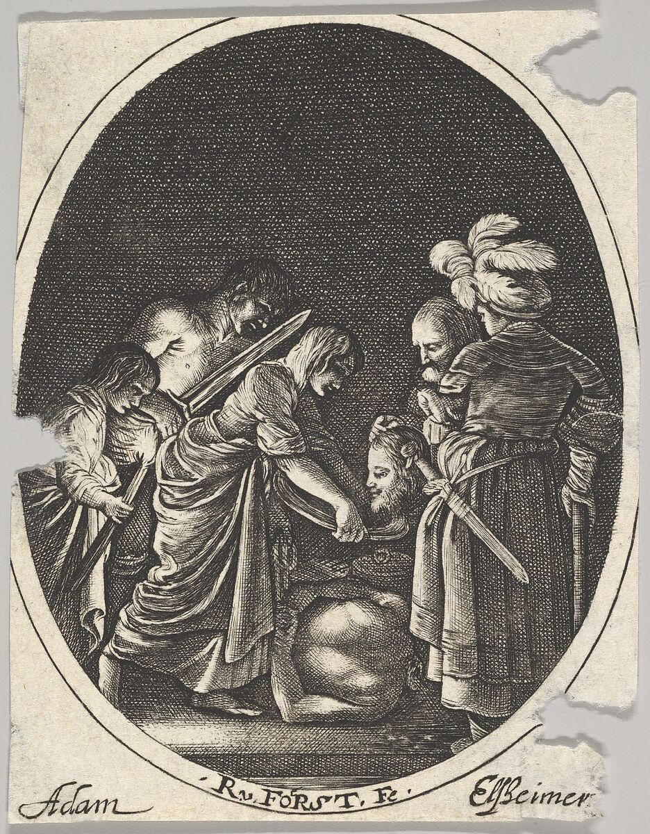 Salome receiving the head of John the Baptist, surrounded by three men and a child bearing a torch, the Baptist's body lies on the ground, an oval composition, After Hendrick Goudt (Dutch, The Hague 1583–1648 Utrecht), Engraving 
