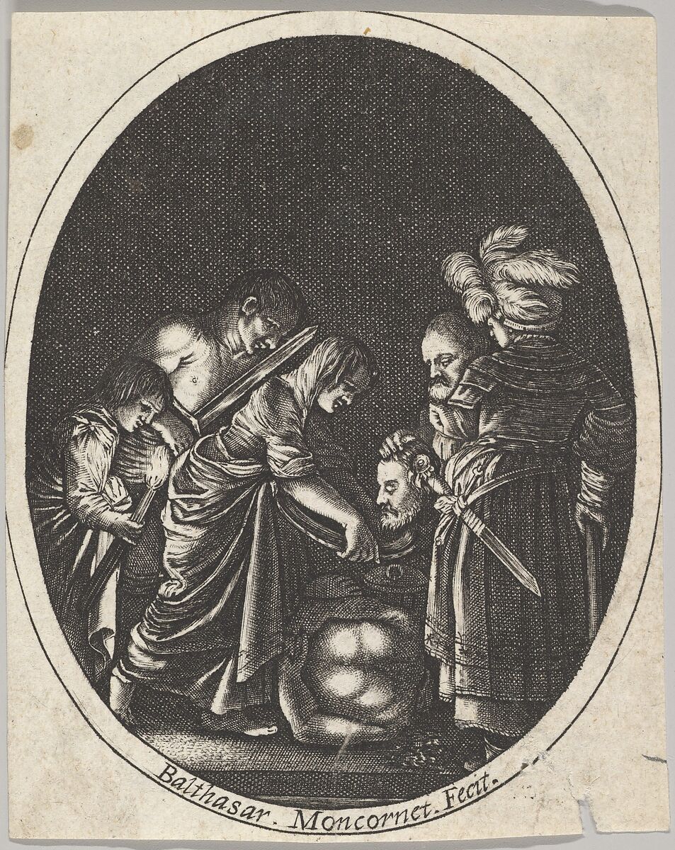Salome receiving the head of John the Baptist, surrounded by three men and a child bearing a torch, the Baptist's body lies on the ground, an oval composition, Balthazar Moncornet (French, Rouen 1600–1668 Paris), Engraving 