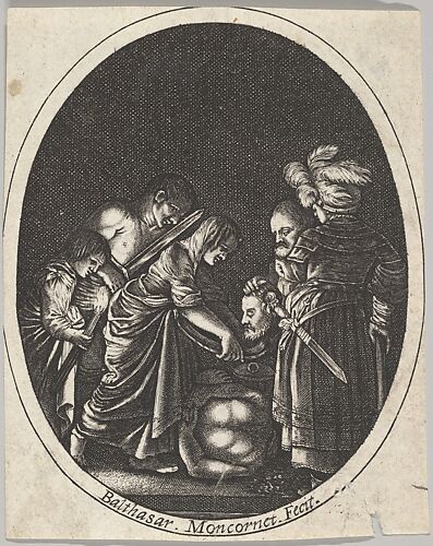 Salome receiving the head of John the Baptist, surrounded by three men and a child bearing a torch, the Baptist's body lies on the ground, an oval composition