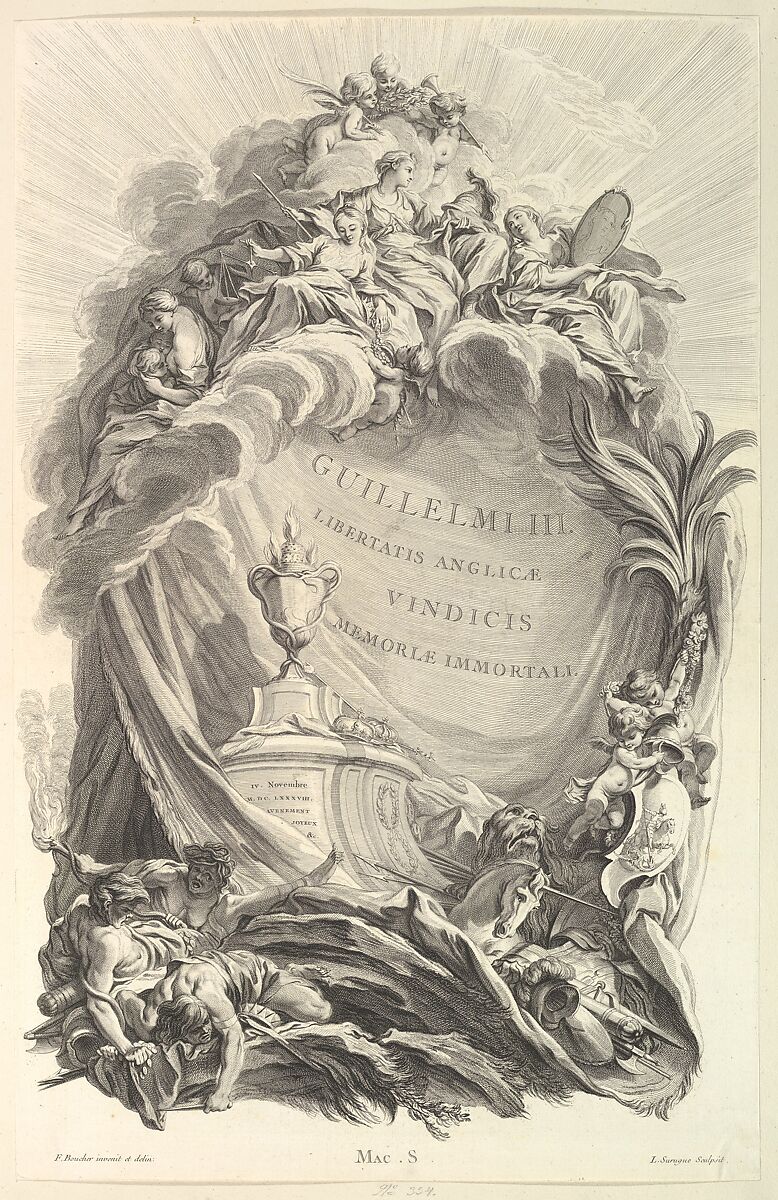 Frontispice pour le "Tombeau de Guillaume III" (Frontispiece for the Tomb of William III), from Tombeaux des Princes, des Grands Capitaines et autres Hommes illustres (Tombs of Princes, Great Captains, and other Illustrious Men), Pierre Louis Surugue (French, 1716–1772), Etching and engraving 