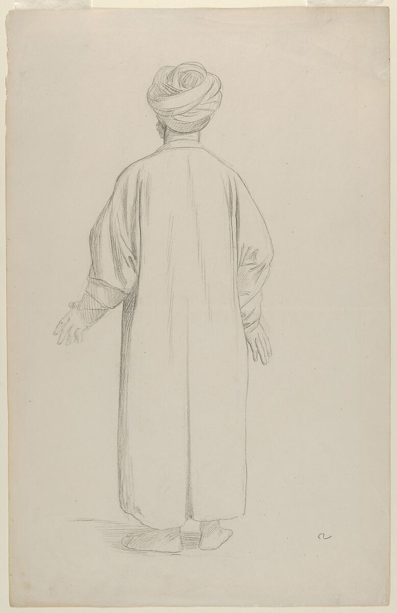 A Muslim Preparing for Prayer, Jean-Léon Gérôme (French, Vesoul 1824–1904 Paris), Black chalk on wove paper 