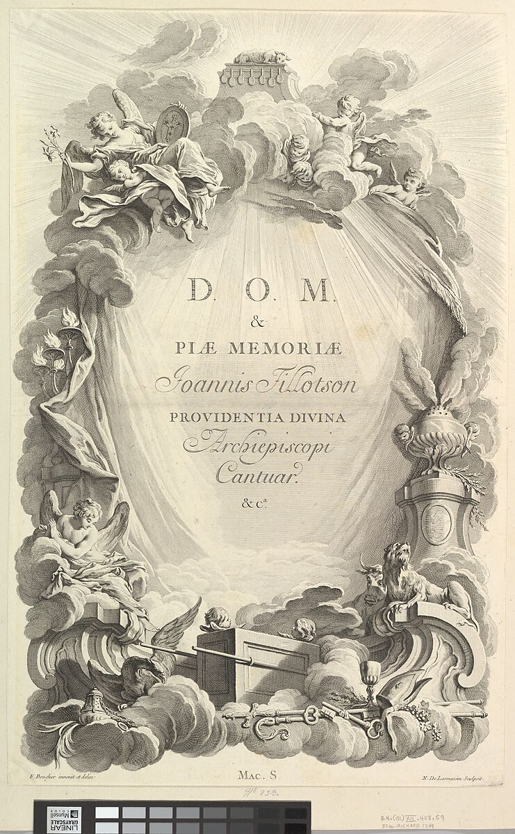 Frontispice pour le "Tombeau de John Tillotson, archevêque de Cantorbéry" (Frontispiece for the "Tomb of John Tillotson, Archbishop fo Canterbery), from Tombeaux des Princes, des Grands Capitaines et autres Hommes illustres (Tombs of Princes, Great Captains, and other Illustrious Men), Nicolas de Larmessin III (French, Paris 1685–1755 Paris), Etching and engraving