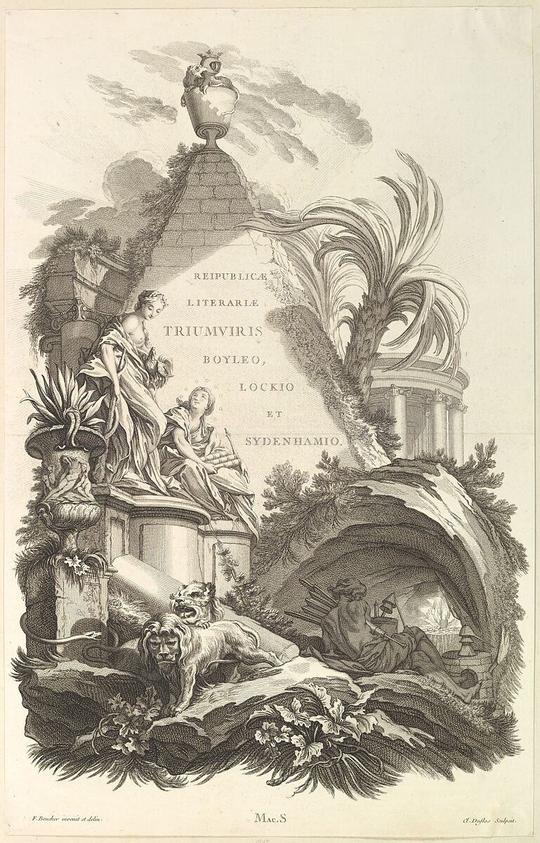 Frontispice pour le "Tombeau de Boyle, Locke, et Sydenham" (Frontispiece for the "Tomb of Boyle, Locke, and Sydenham"), from Tombeaux des Princes, des Grands Capitaines et autres Hommes illustres (Tombs of Princes, Great Captains, and other Illustrious Men), Claude Augustin Duflos le Jeune (French, Paris 1700–1786 Paris), Etching and engraving 