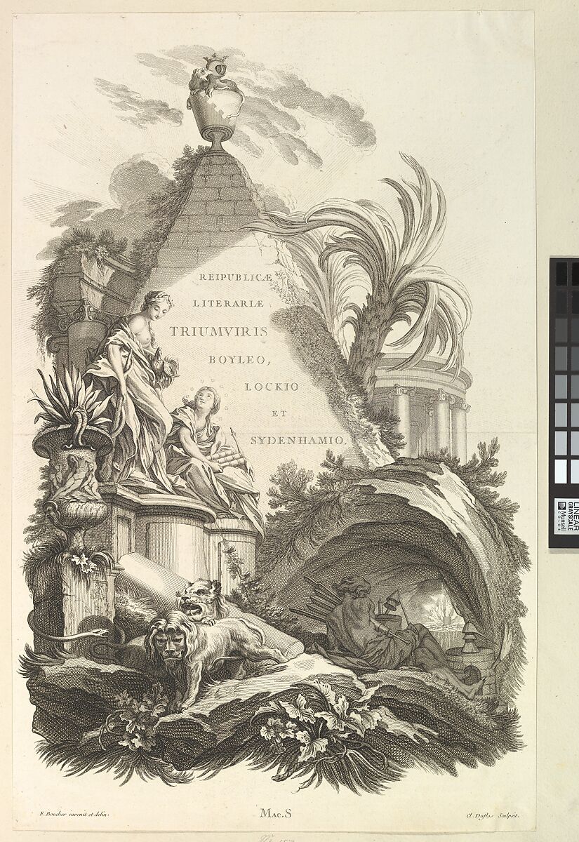 Frontispice pour le "Tombeau de Boyle, Locke, et Sydenham" (Frontispiece for the "Tomb of Boyle, Locke, and Sydenham"), from Tombeaux des Princes, des Grands Capitaines et autres Hommes illustres (Tombs of Princes, Great Captains, and other Illustrious Men), Claude Augustin Duflos le Jeune (French, Paris 1700–1786 Paris), Etching and engraving
