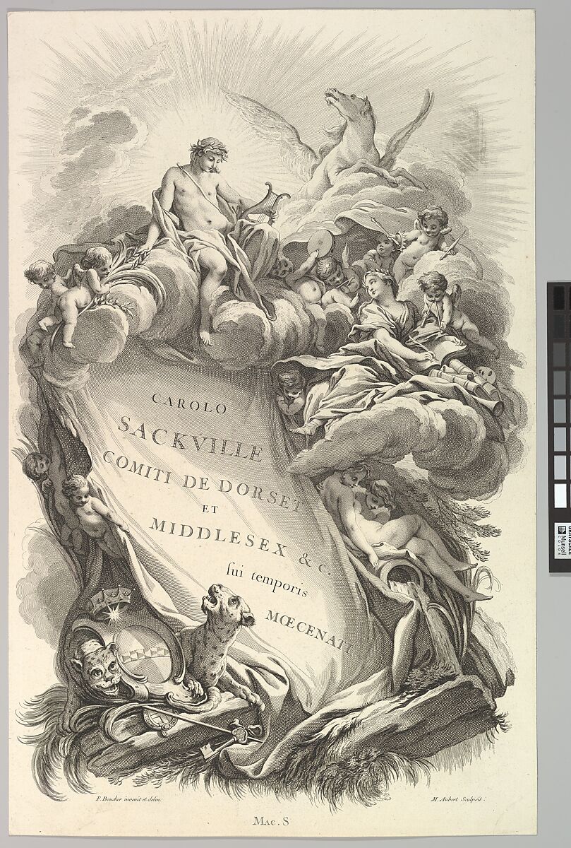 Frontispice pour le "Tombeau de Charles Sackville, comte de Dorset" (Frontispiece for the "Tomb of Charles Sackville, Earl of Dorset", from Tombeaux des Princes, des Grands Capitaines et autres Hommes illustres (Tombs of Princes, Great Captains, and other Illustrious Men), Michel Aubert (French, 1700–1757 Paris), Etching and engraving