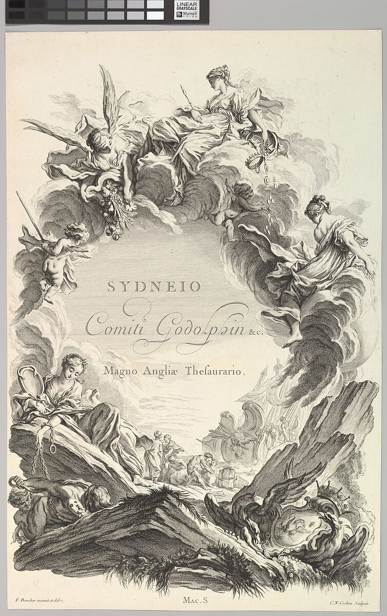 Frontispice pour le "Tombeau du comte Sidney Godolphin" (Frontispiece for the "Tomb of Earl Sidney Godolphin"), from Tombeaux des Princes, des Grands Capitaines et autres Hommes illustres (Tombs of Princes, Great Captains, and other Illustrious Men), Charles Nicolas Cochin II (French, Paris 1715–1790 Paris), Etching and engraving