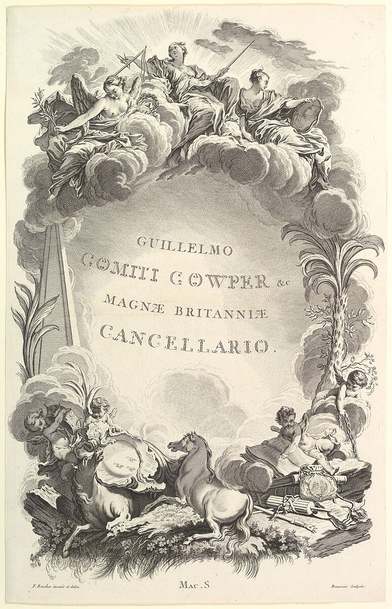 Frontispice pour le "Tombeau du comte William Cowper" (Frontispiece from the "Tomb of William Cowper"), from Tombeaux des Princes, des Grands Capitaines et autres Hommes illustres (Tombs of Princes, Great Captains, and other Illustrious Men), Nicolas Dauphin de Beauvais (French,  Paris 1687–1763 Paris), Etching and engraving 