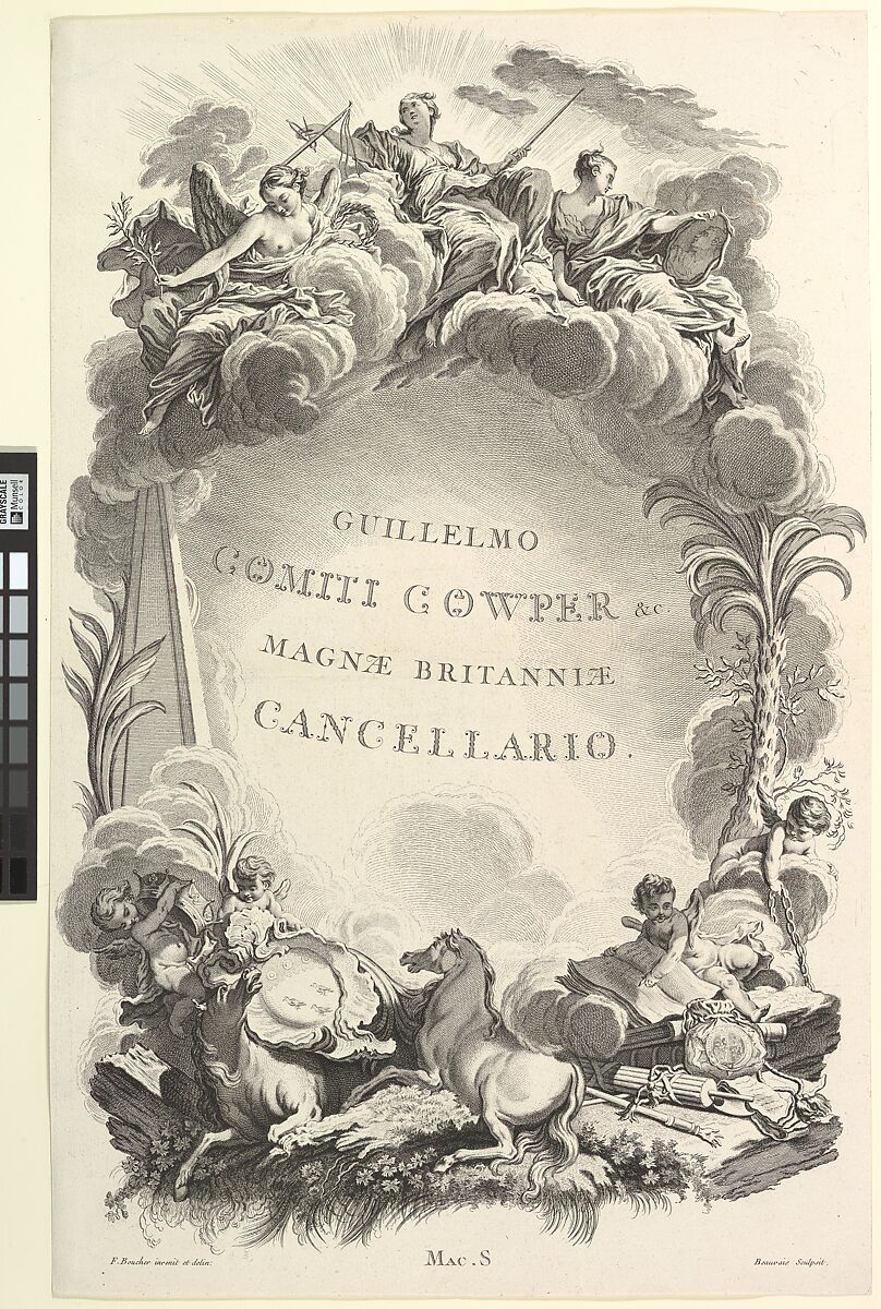 Frontispice pour le "Tombeau du comte William Cowper" (Frontispiece from the "Tomb of William Cowper"), from Tombeaux des Princes, des Grands Capitaines et autres Hommes illustres (Tombs of Princes, Great Captains, and other Illustrious Men), Nicolas Dauphin de Beauvais (French,  Paris 1687–1763 Paris), Etching and engraving