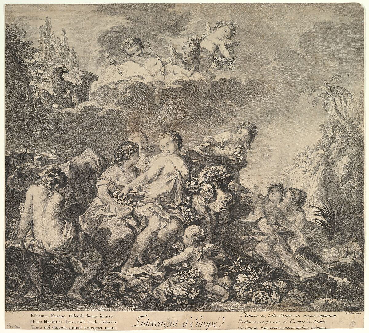 Enlevement d'Europe (Abduction of Europa), Pierre Alexandre Aveline (French, Paris 1702–1760 Paris), Etching and engraving 