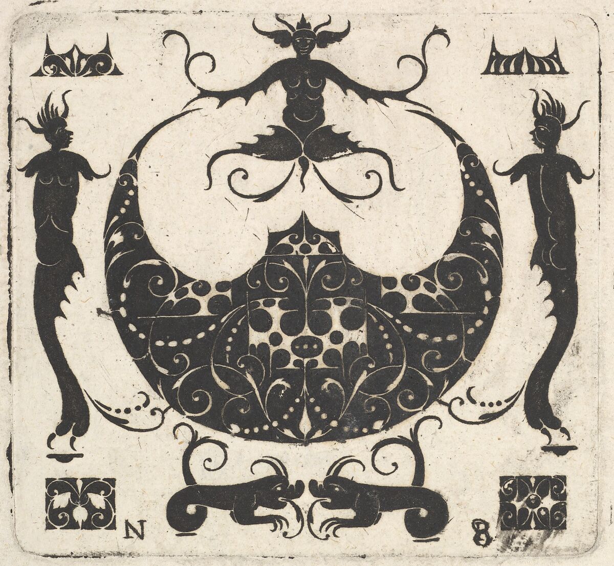Lunar-shaped Ring Bezel and Grotesque Figures, Noël Rouillard (French, Paris ca. 1589–1646 Paris), Blackwork engraving 