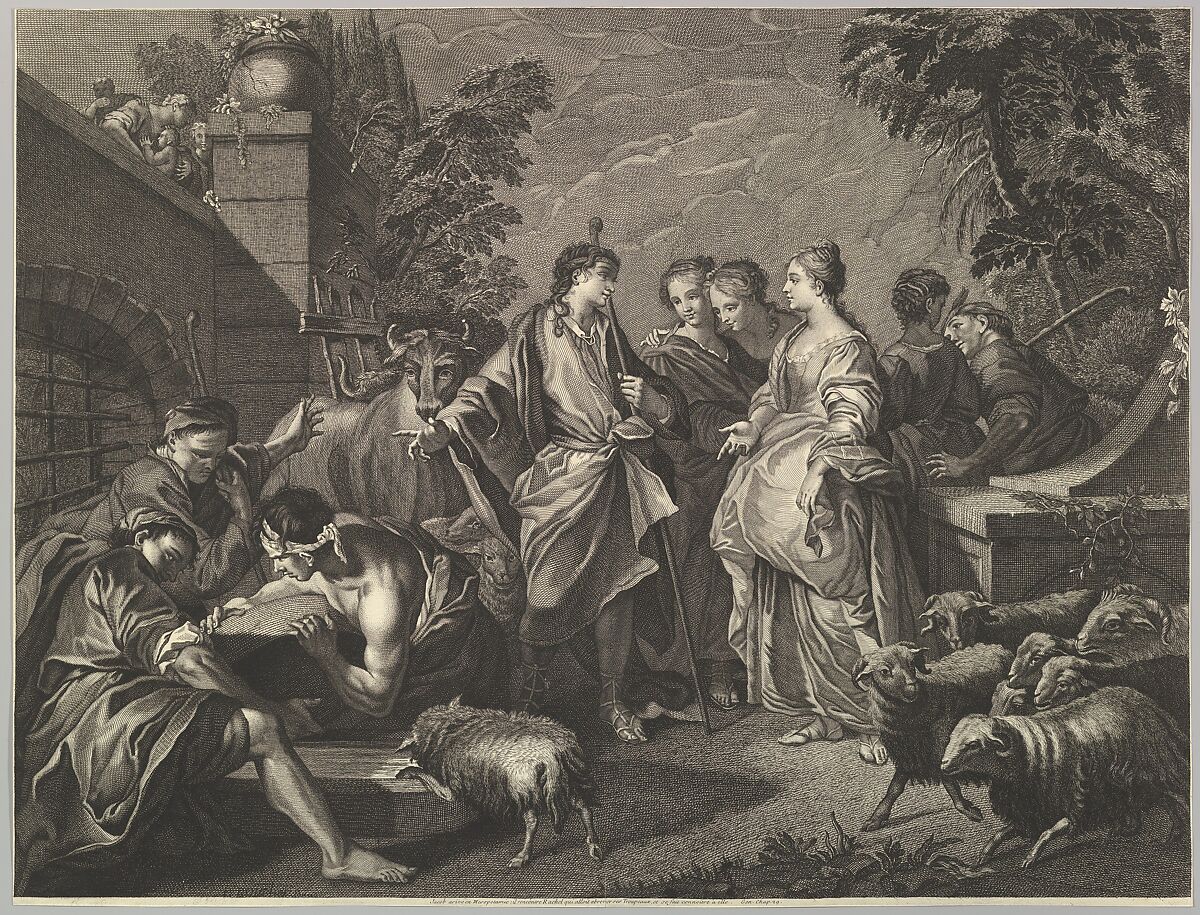 Jacob arrives in Mesopotamia, Anonymous, Engraving 