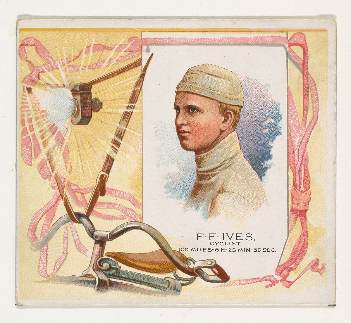 F.F. Ives, Cyclist, from World's Champions, Second Series (N43) for Allen & Ginter Cigarettes, Allen &amp; Ginter (American, Richmond, Virginia), Commercial lithograph 