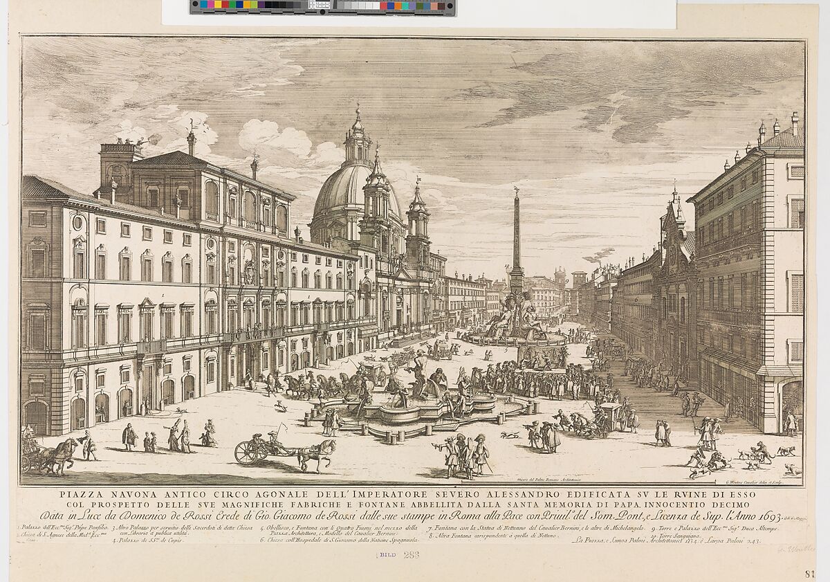 View of the Piazza Navona, Rome, with the church of St Agnese at left and Bernini's fountain in the middle, Gomar Wouters (Flemish,  Antwerp 1649 or 1658–after 1696), Etching 