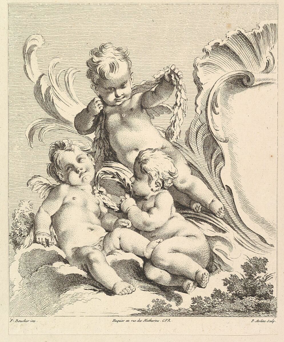 Three Loves Next to a Cartouche, Pierre Alexandre Aveline (French, Paris 1702–1760 Paris), Etching and engraving 