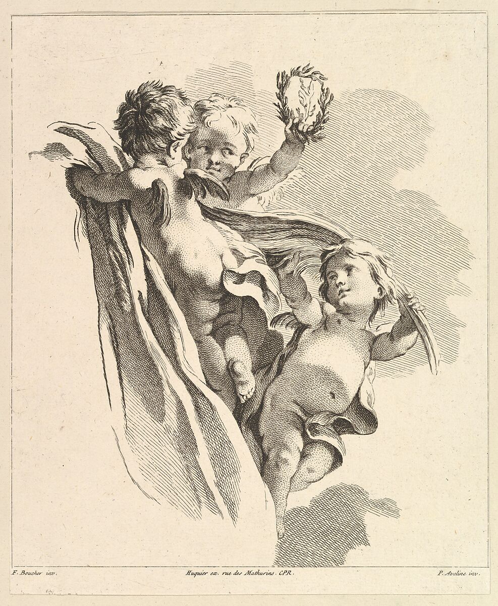 Trois Amours dont un tient un couronne, de Quatrième Livre de Groupes d'Enfans, Pierre Alexandre Aveline (French, Paris 1702–1760 Paris), Etching and engraving 
