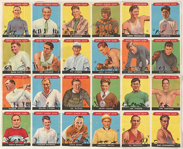 Uncut sheet including Bobby McLean, Gene Sarazen, McNamara, Red Grange, Johnny Weissmuller, Jewtraw, Babe Ruth, Nat Holman, Ty Cobb, Jack Dempsey, Bobby Walthour Sr., Gene Tunney, Walter Hagen, William T. Tilden, Ed Blood, Anton Lekang, Jim Thorpe, Jim Londos, Howie Morenz, Vincent Richards, Eddie Shore, Laverne Fator, Ed Wachter, Duke Kahanamoku, Goudey Gum Company, Commercial Lithograph 