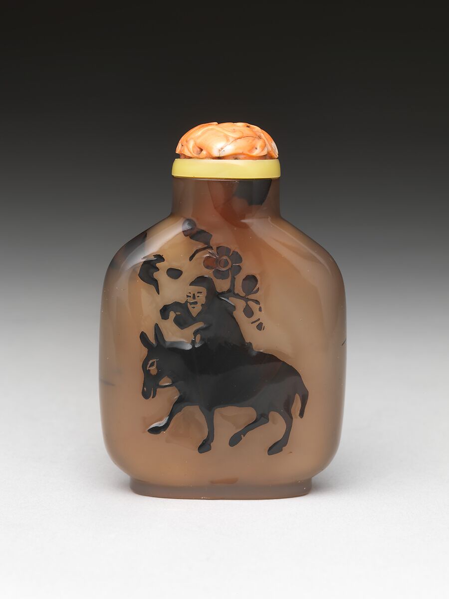 Snuff Bottle with Old Man Riding a Donkey, Chalcedony with coral stopper, China 