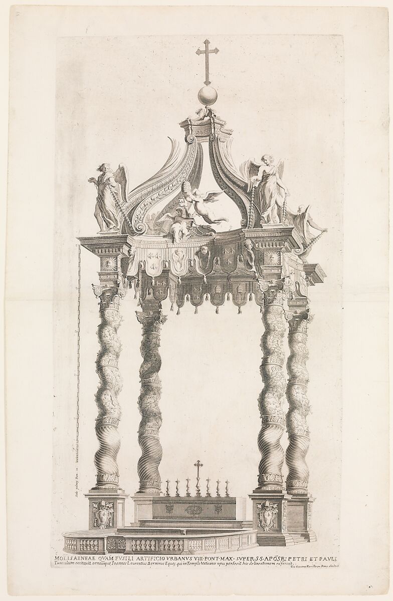 Isolated View of Bernini's Baldacchino. Plate 39 from the Album 'Basilica di S. Pietro in Vaticano', After Gian Lorenzo Bernini (Italian, Naples 1598–1680 Rome), Engraving 