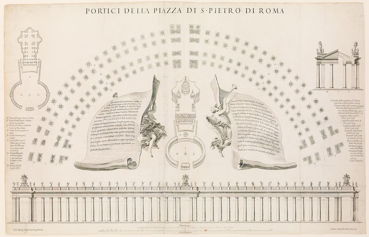 Portici della piazza di S. Pietro di Roma. Plate 44 from the Album 'Basilica di S. Pietro in Vaticano', Giovanni Battista Bonacina (Italian, Milan 1620–ca. 1670), Engraving 