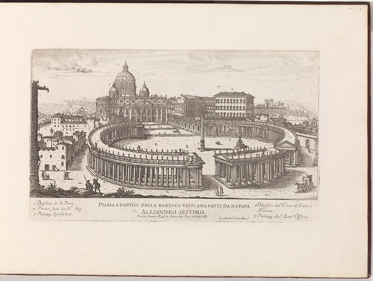 Piazza e Portici della Basilica Vaticana from: Il Nuovo Teatro delle Fabbriche, et Edificii, in Prospettiva di Rome Moderna (...), Designed by Giovanni Battista Falda (Italian, Valduggia 1643–1678 Rome), Etching 