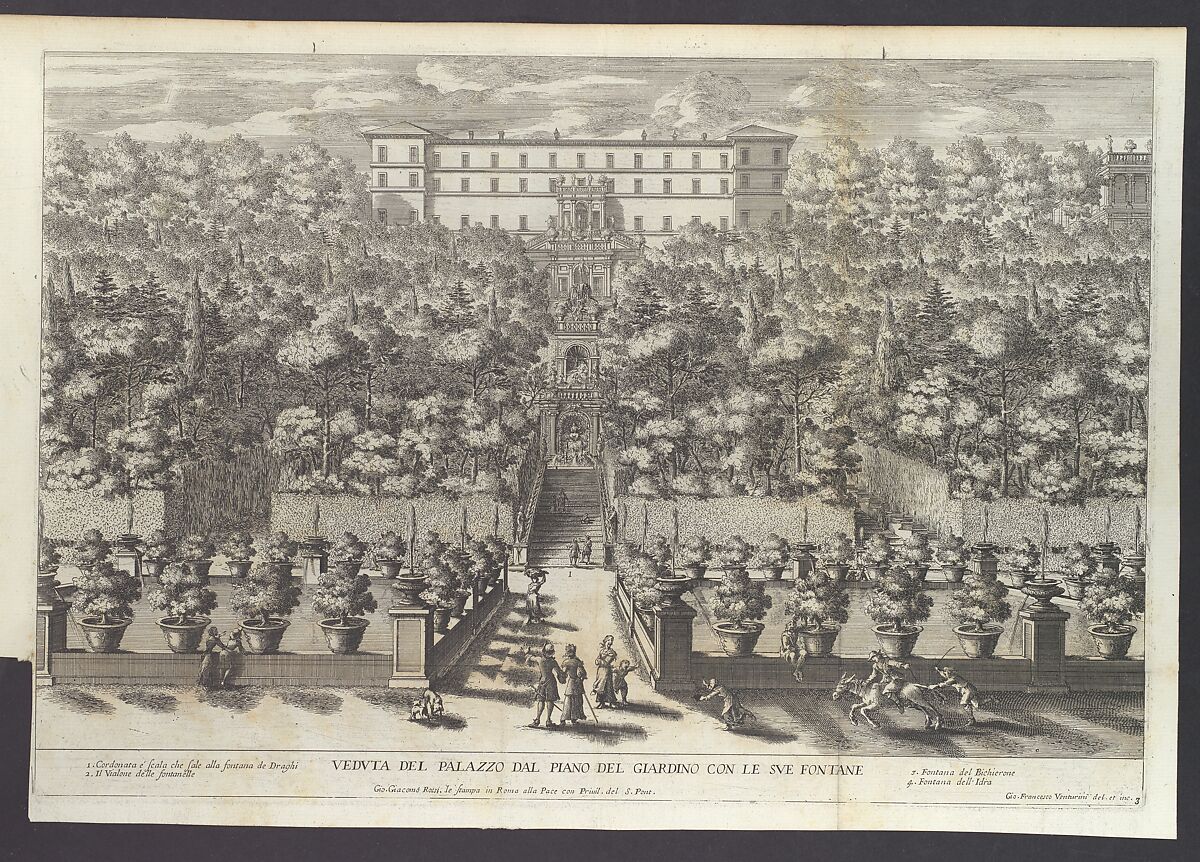 Le Fontane del Giardino Estense in Tivoli con li Loro Prospetti, e Vedute della Cascata del Fiume Aniene, Giovanni Francesco Venturini (Italian, active ca. 1650–1700), Etching 