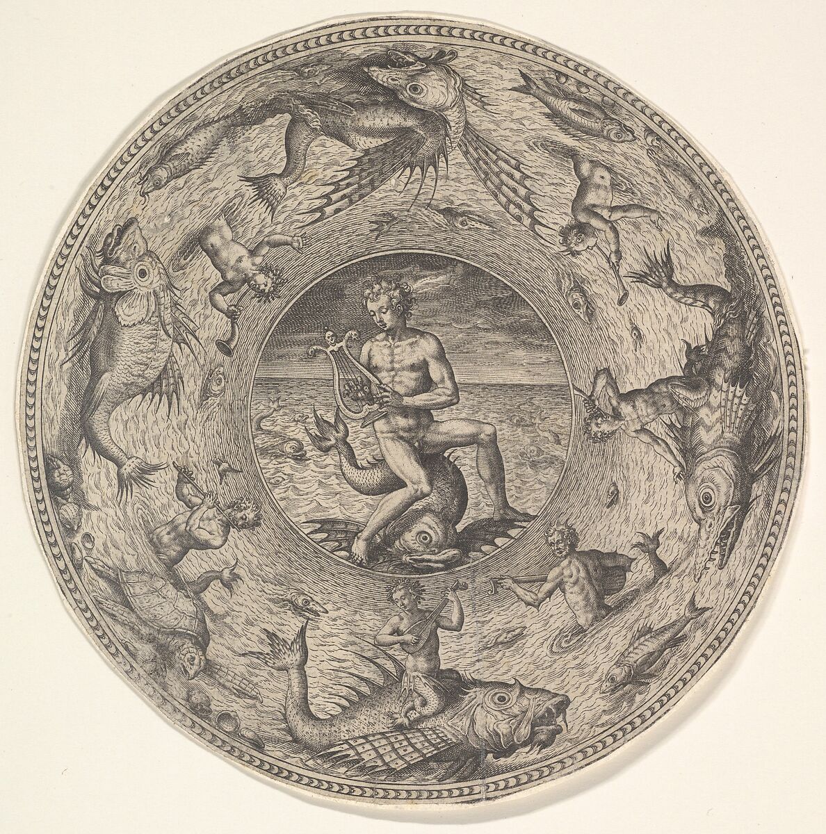 Arion on a Dolphin surrounded by a Border decorated with Sea Creatures, from a Set of Circular Designs with Sea Gods, Adriaen Collaert (Netherlandish, Antwerp ca. 1560–1618 Antwerp), Engraving 