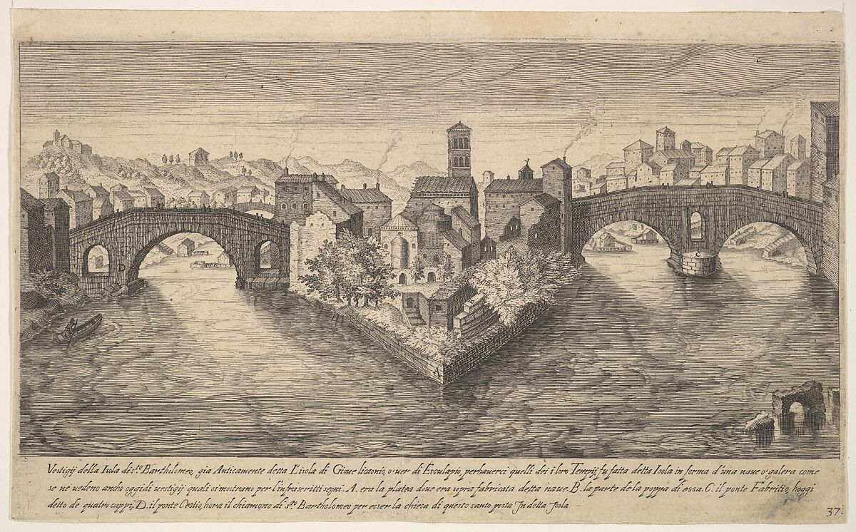 Plate 37: view of the church of San Bartolomeo all'Isola on Tiber Island, Rome, flanked by bridges, from the series 'Ruins of the antiquity of Rome, Tivoli, Pozzuoli, and other places' (Vestigi della antichità di Roma, Tivoli, Pozzvolo et altri luochi), Aegidius Sadeler II (Netherlandish, Antwerp 1568–1629 Prague), Etching and engraving 