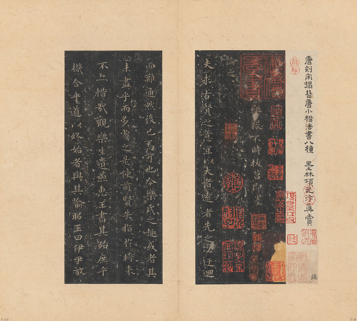 Eight Kinds of Jin and Tang Writings in Small Standard Script, Various artists Chinese, 4th–7th centuries, Set of rubbings mounted in an album of 45 leaves; ink on paper, China