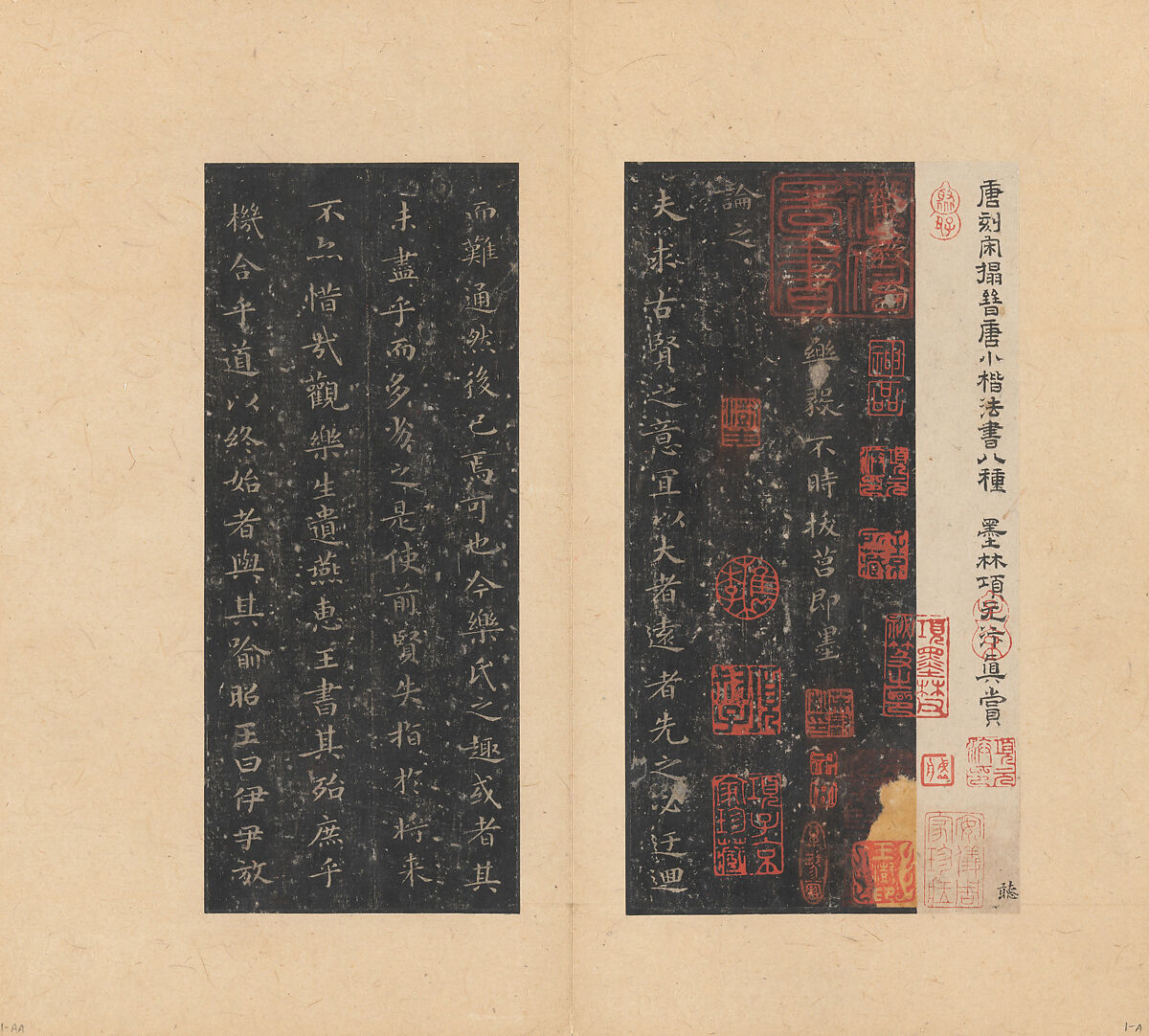 Eight Kinds of Jin and Tang Writings in Small Standard Script, Various artists Chinese, 4th–7th centuries, Set of rubbings mounted in an album of 45 leaves; ink on paper, China 