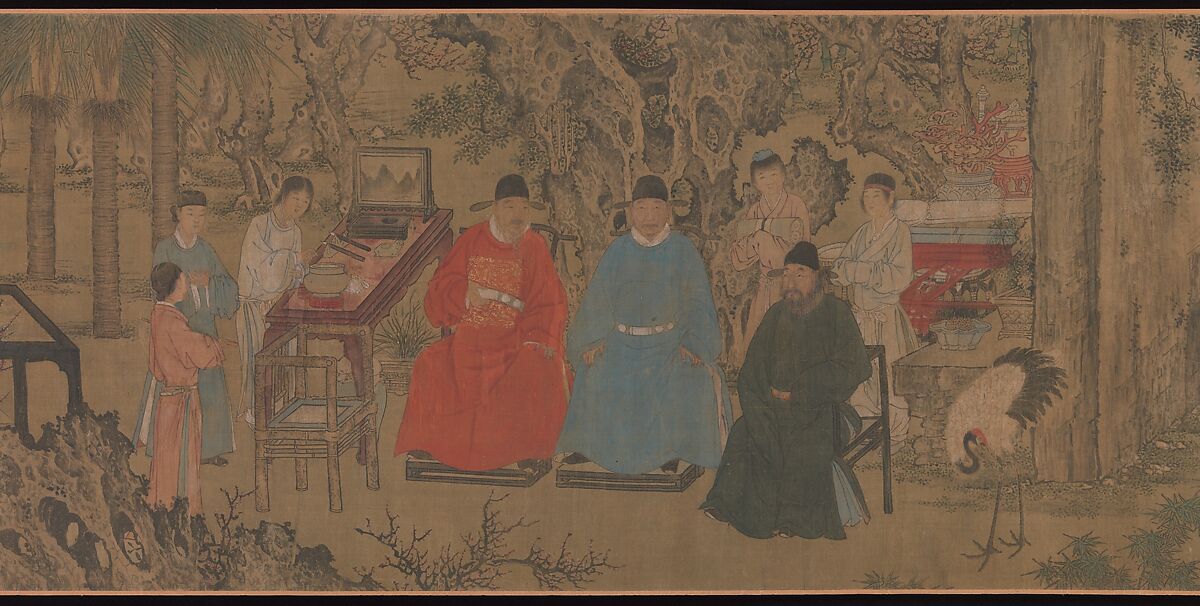 Elegant Gathering in the Apricot Garden, After Xie Huan (Chinese, 1377–1452), Handscroll; ink and color on silk, China