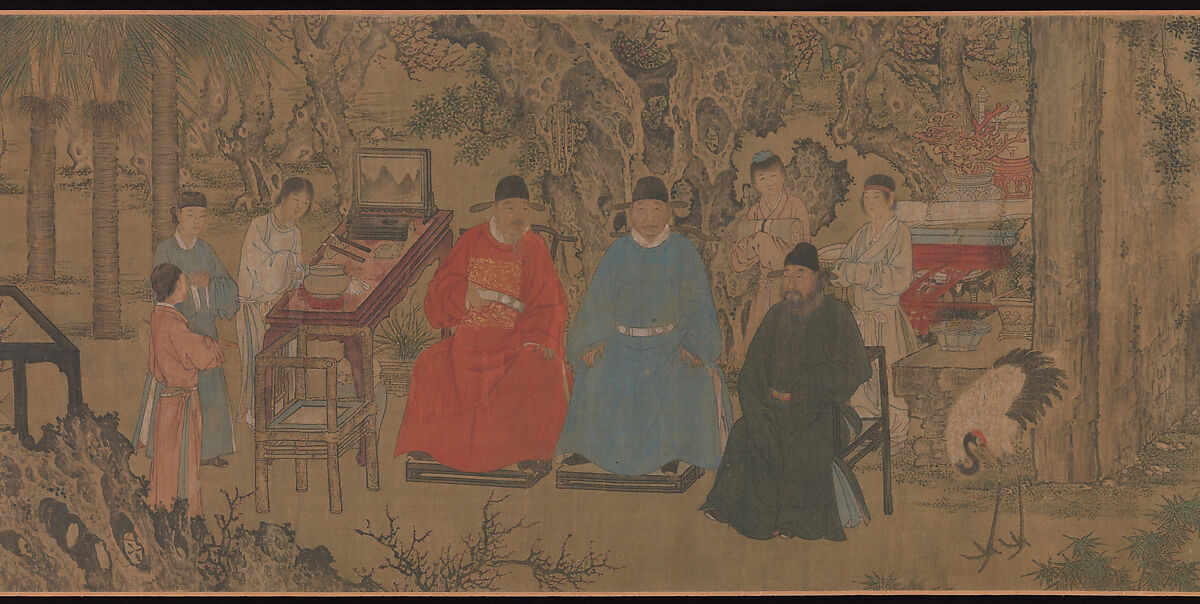 Elegant Gathering in the Apricot Garden, After Xie Huan (Chinese, 1377–1452), Handscroll; ink and color on silk, China 