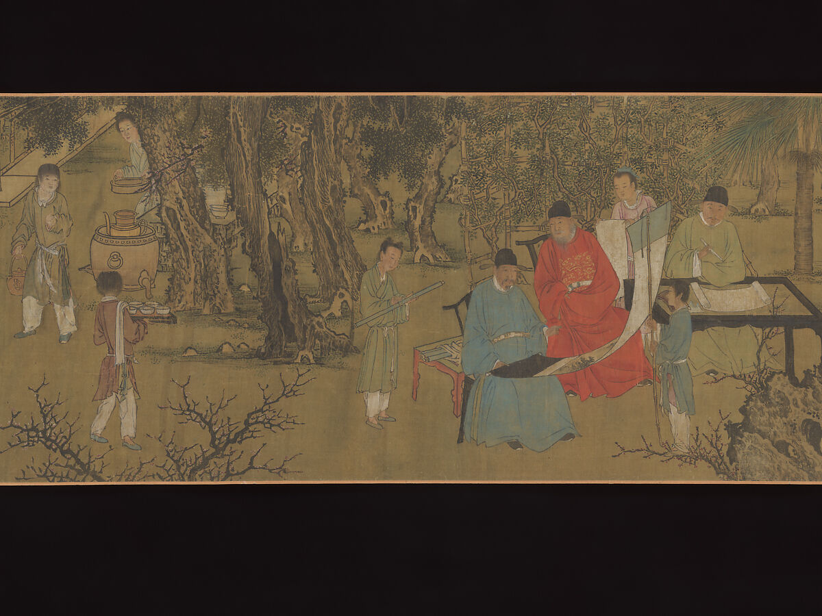 Elegant Gathering in the Apricot Garden, After Xie Huan (Chinese, 1377–1452), Handscroll; ink and color on silk, China
