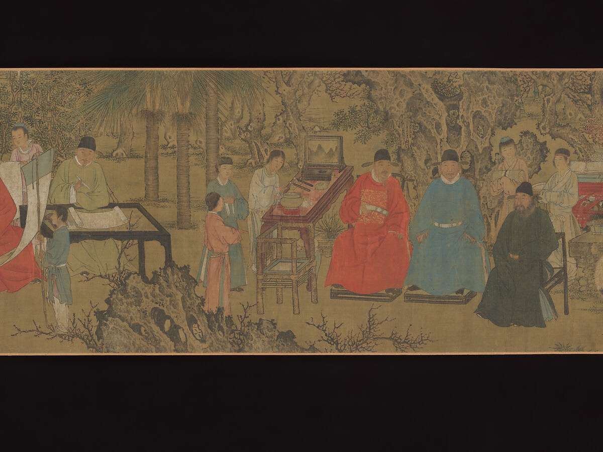 Elegant Gathering in the Apricot Garden, After Xie Huan (Chinese, 1377–1452), Handscroll; ink and color on silk, China