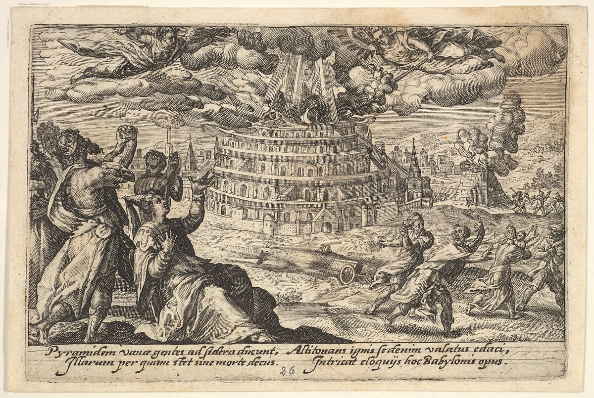 Destruction of the Tower of Babel: at right men and women flee from the burning tower, at left men and women raise their hands toward two flying angels, from "Liber Genesis", Crispijn de Passe the Elder (Netherlandish, Arnemuiden 1564–1637 Utrecht), Engraving 