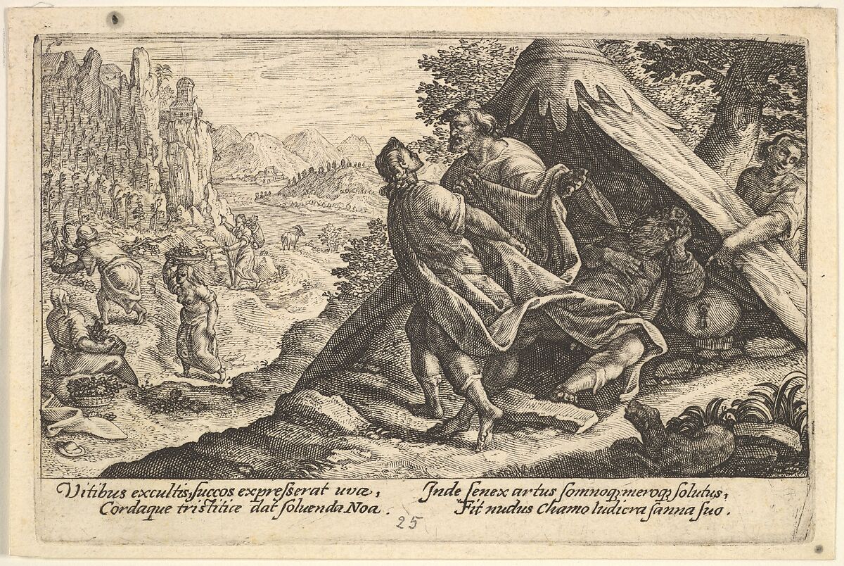 Drunkenness of Noah: Shem and Japheth cover the naked body of Noah, who lies in a tent, a male figure at far right points to Noah, from "Liber Genesis", Crispijn de Passe the Elder (Netherlandish, Arnemuiden 1564–1637 Utrecht), Engraving 