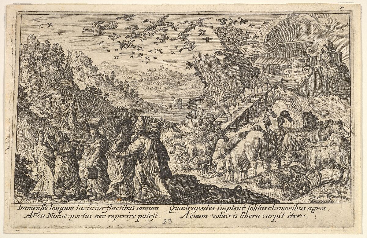Noah leaving the ark with his family and animals: at left Noah's family carries supplies, at right animals descend on a ramp from the ark, above birds fly from the ark, from "Liber Genesis", Crispijn de Passe the Elder (Netherlandish, Arnemuiden 1564–1637 Utrecht), Engraving 