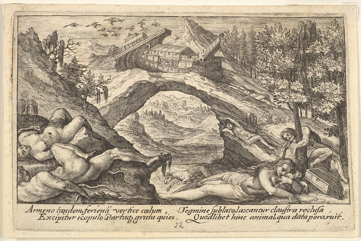 Aftermath of the Flood: human bodies strewn on dry land in the foreground, Noah's ark moored on a rocky outcrop beyond, from "Liber Genesis", Crispijn de Passe the Elder (Netherlandish, Arnemuiden 1564–1637 Utrecht), Engraving 