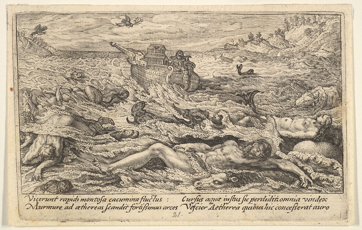 The Flood destroys life on earth: corpses of humans and animals adrift in the foreground, Noah's ark beyond and a flying dove holding a branch above, from "Liber Genesis", Crispijn de Passe the Elder (Netherlandish, Arnemuiden 1564–1637 Utrecht), Engraving 