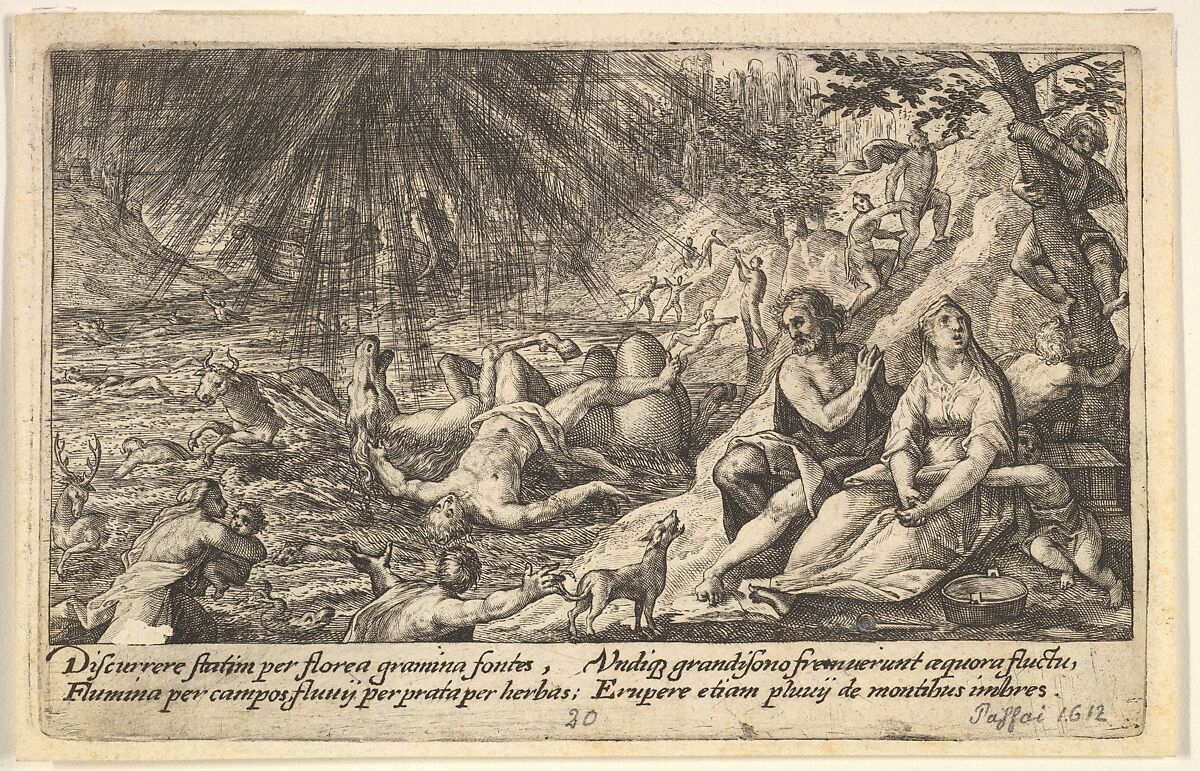 The beginning of the Flood: men and women climb to higher ground at right, water overtaking animals and people at left, Noah's Ark beyond, from "Liber Genesis", Crispijn de Passe the Elder (Netherlandish, Arnemuiden 1564–1637 Utrecht), Engraving 