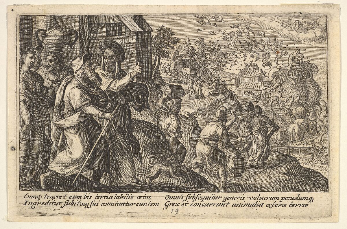 Entry into the ark: Noah and his family walk toward the ark in the background, pairs of animals walk up a ramp leading into the ark, from "Liber Genesis", Crispijn de Passe the Elder (Netherlandish, Arnemuiden 1564–1637 Utrecht), Engraving 