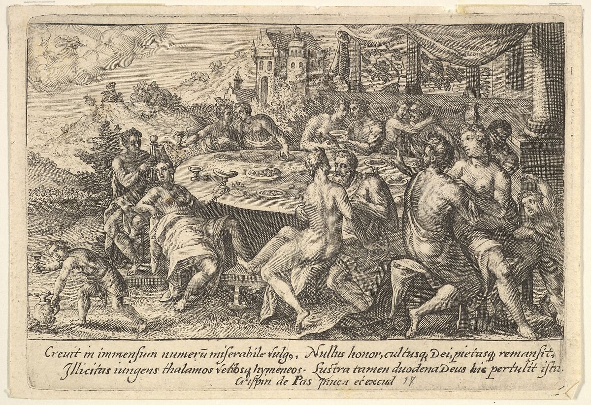 Mankind surrendering to lechery before the Flood: embracing couples on benches around a table with food and drink, from "Liber Genesis", Crispijn de Passe the Elder (Netherlandish, Arnemuiden 1564–1637 Utrecht), Engraving 