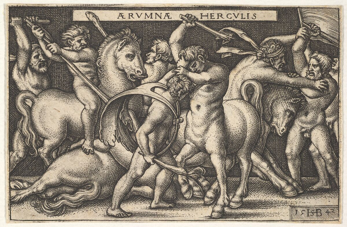 Hercules with his club in center fighting a centaur, other men fighting centaurs to left and right, from 'The labors of Hercules', Sebald Beham (German, Nuremberg 1500–1550 Frankfurt), Engraving; fourth of five states 