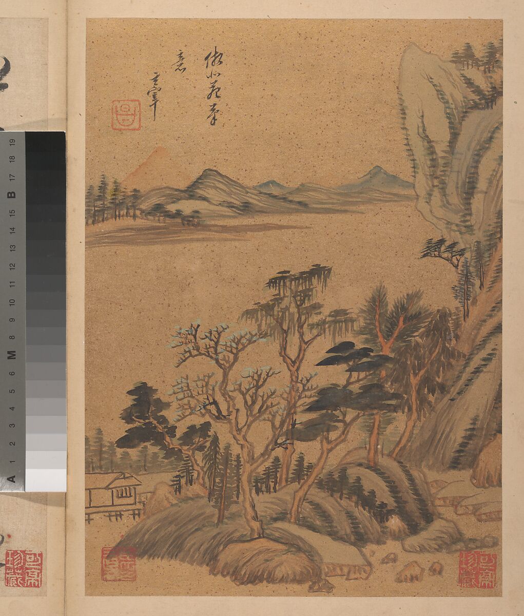 Landscapes and poems, Dong Qichang (Chinese, 1555–1636), Album of eight double leaves; ink, gold, and color on gold-flecked paper and ink on satin, China 