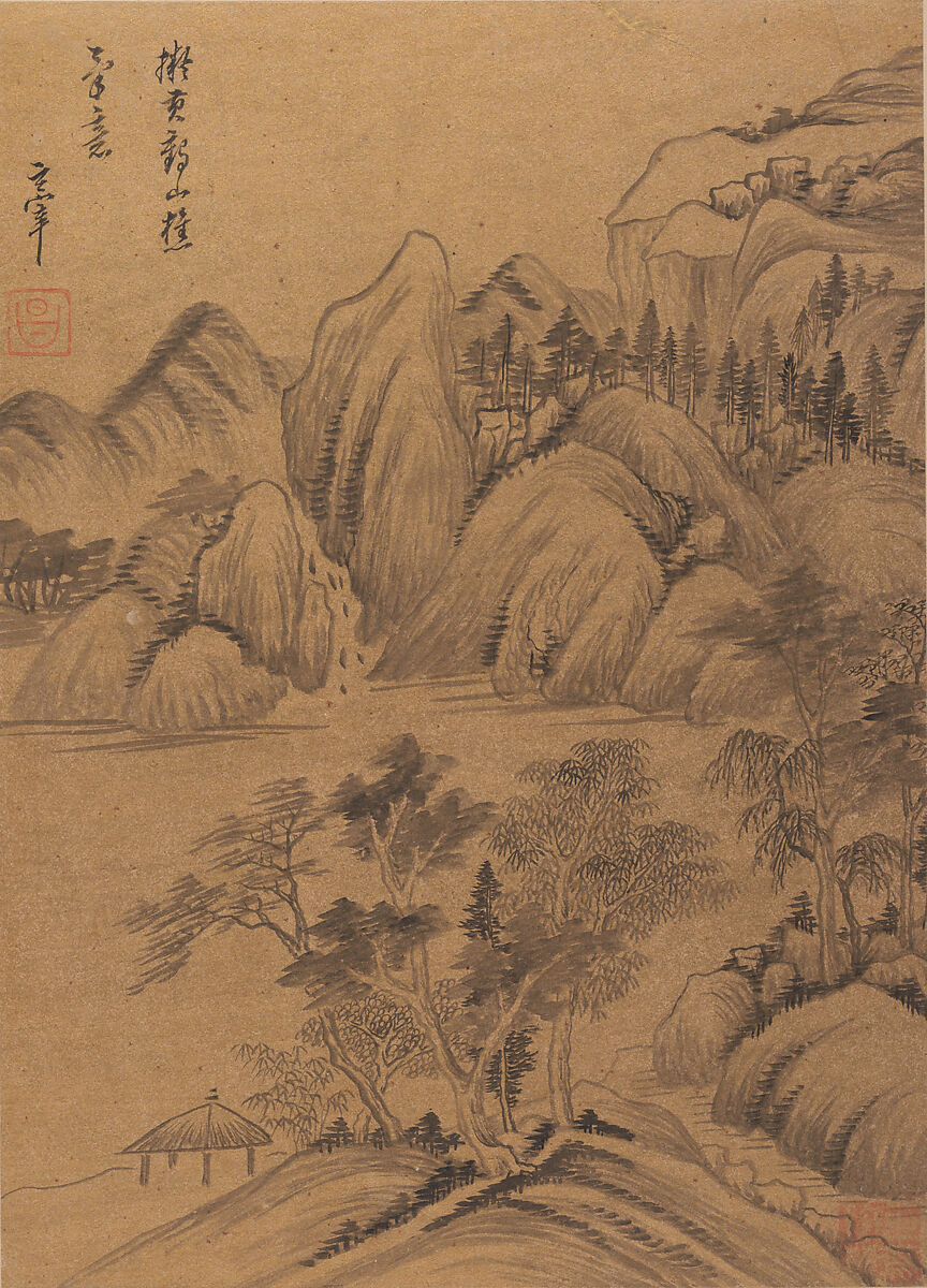 Landscapes and poems, Dong Qichang (Chinese, 1555–1636), Album of eight double leaves; ink, gold, and color on gold-flecked paper and ink on satin, China